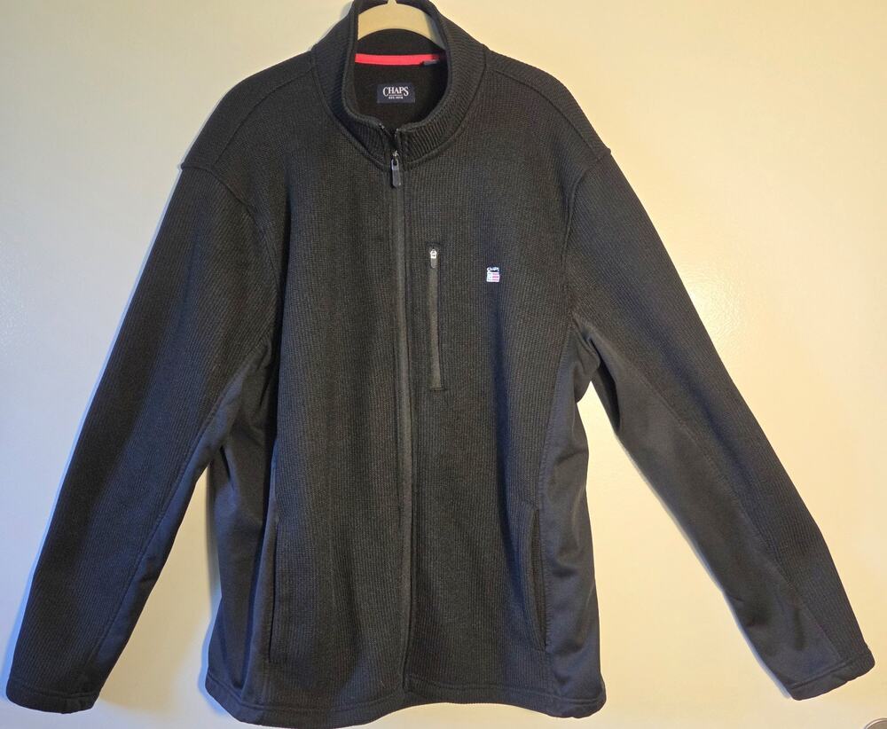 Chaps Men's XL Performance Full Zip Fleece Jacket Black Embroidered Flag Stretch
